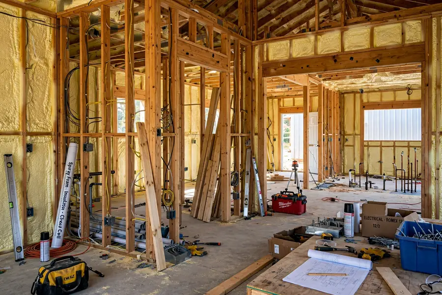 Interior framing and spray foam insulation stage of an Alabama barndominium build