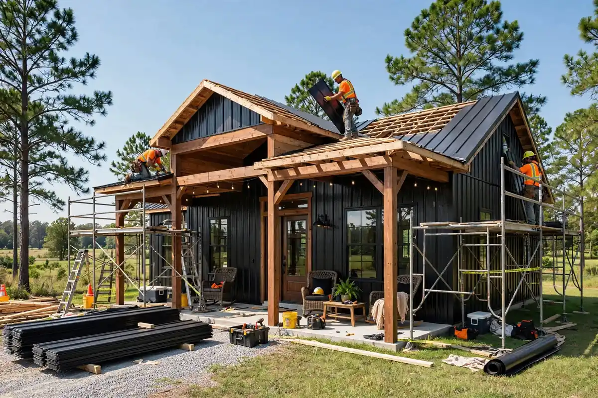 Workers installing black metal roofing panels on a barndominium under construction in Georgia
