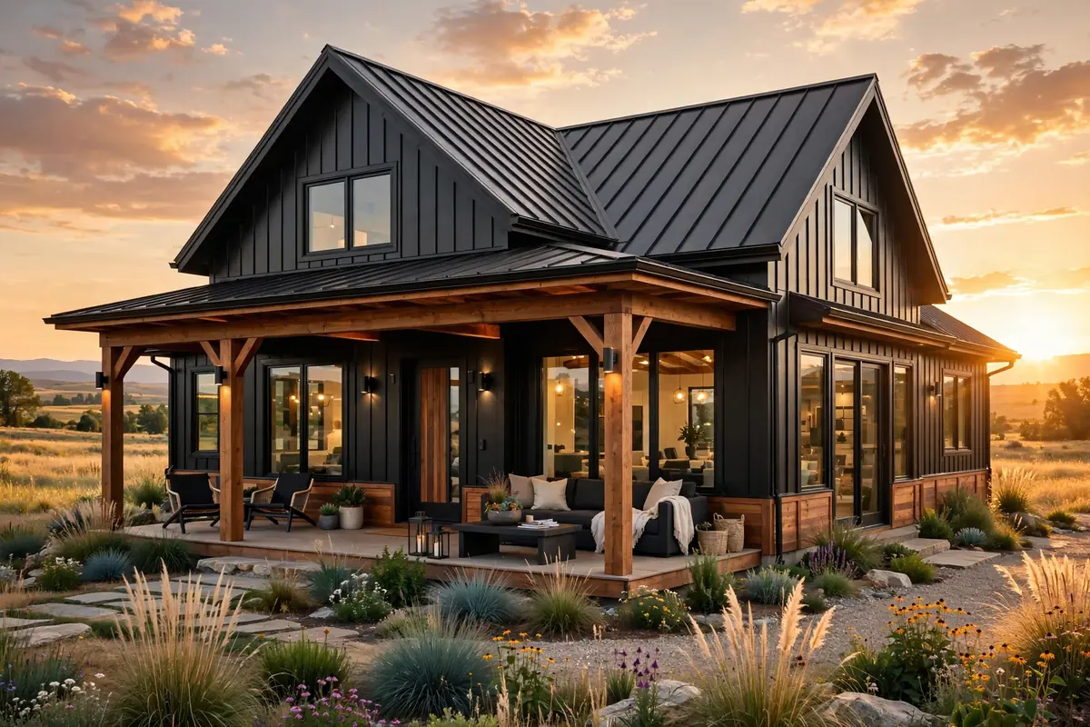 Black barndominium kit exterior with wraparound porch at sunset