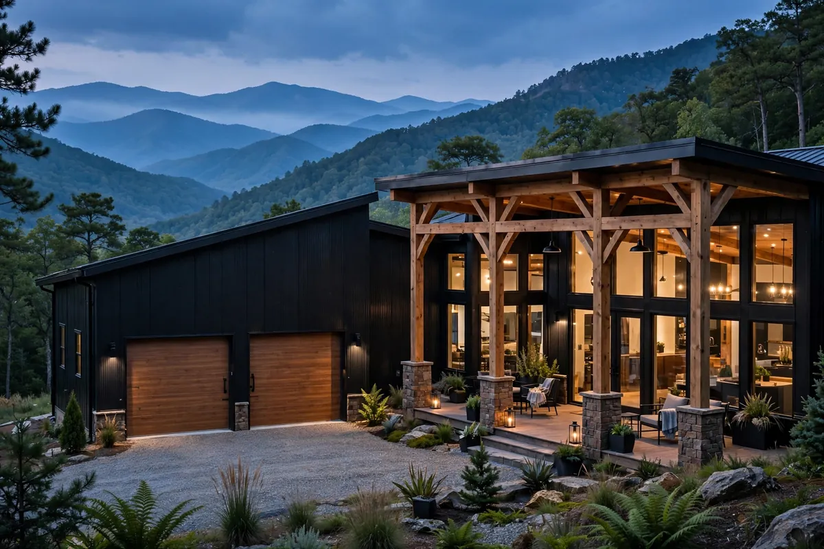 Barndominium Cost Per Sqft in Tennessee — finished black metal barndominium at dusk with Smoky Mountain views