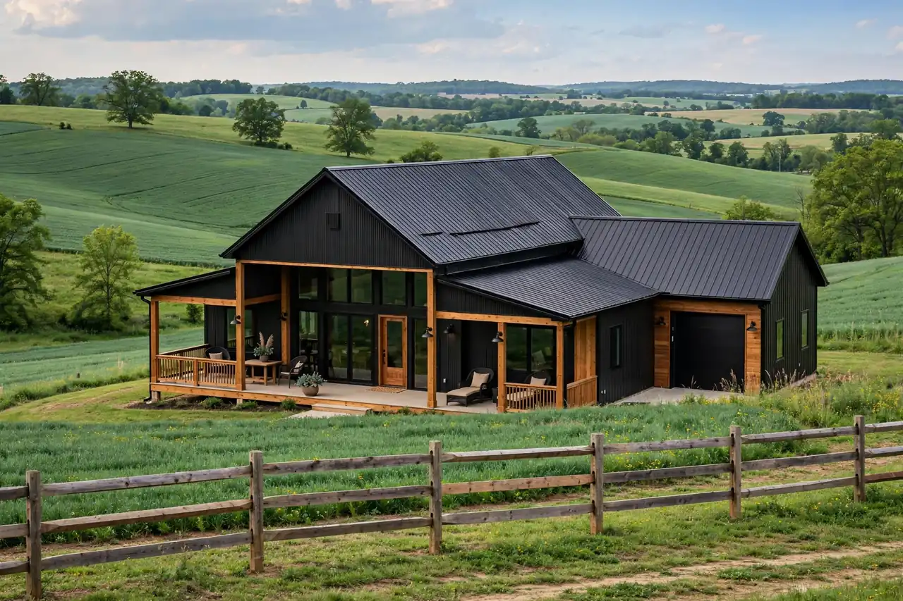 Finished black metal barndominium exterior in the Kentucky hills