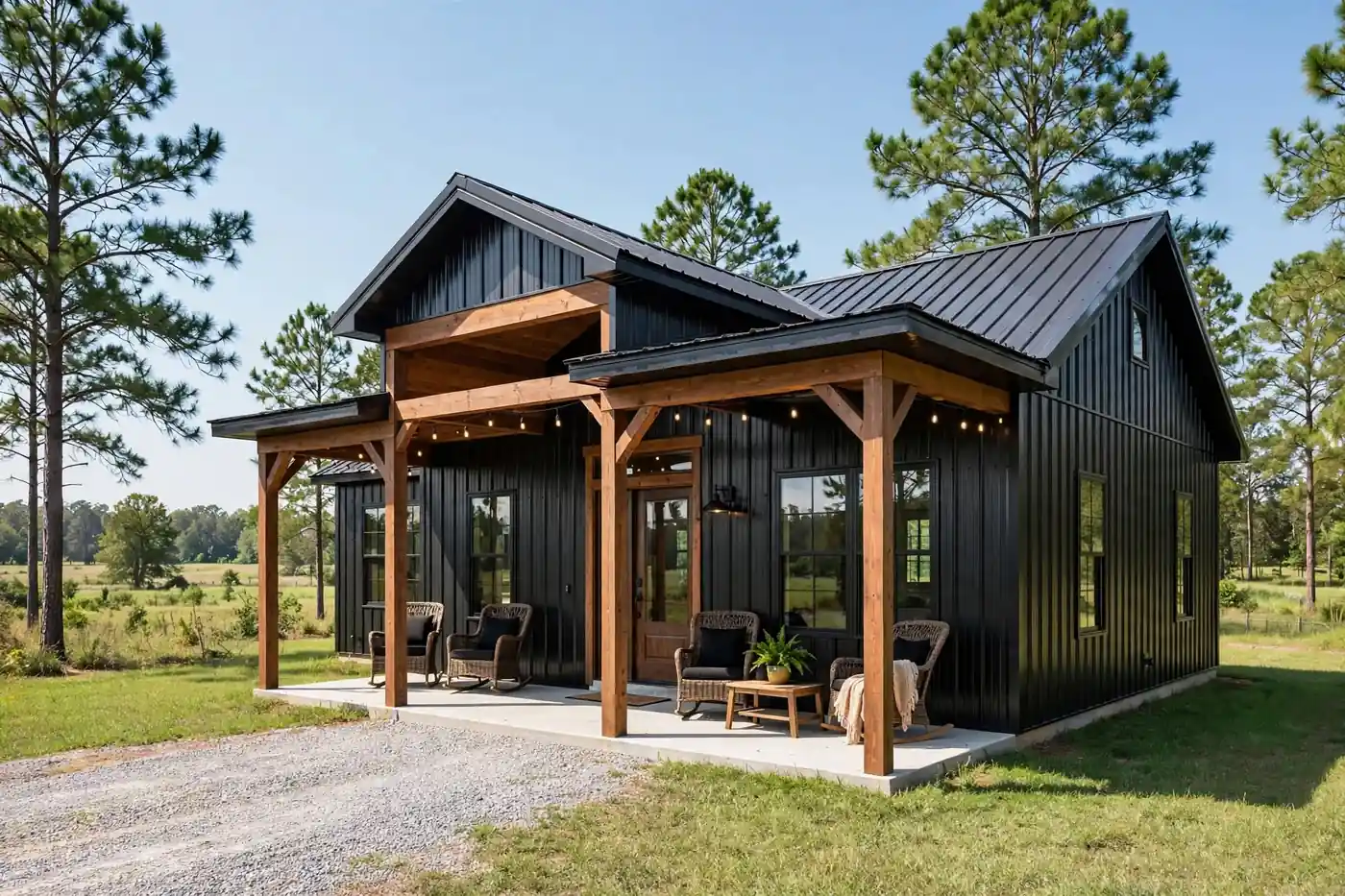 Finished black barndominium exterior showing barndominium cost per sqft in Georgia