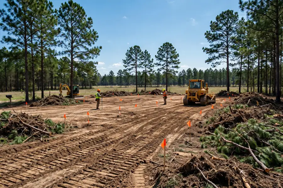 Cleared rural lot with survey flags being prepared for a Mississippi barndominium build