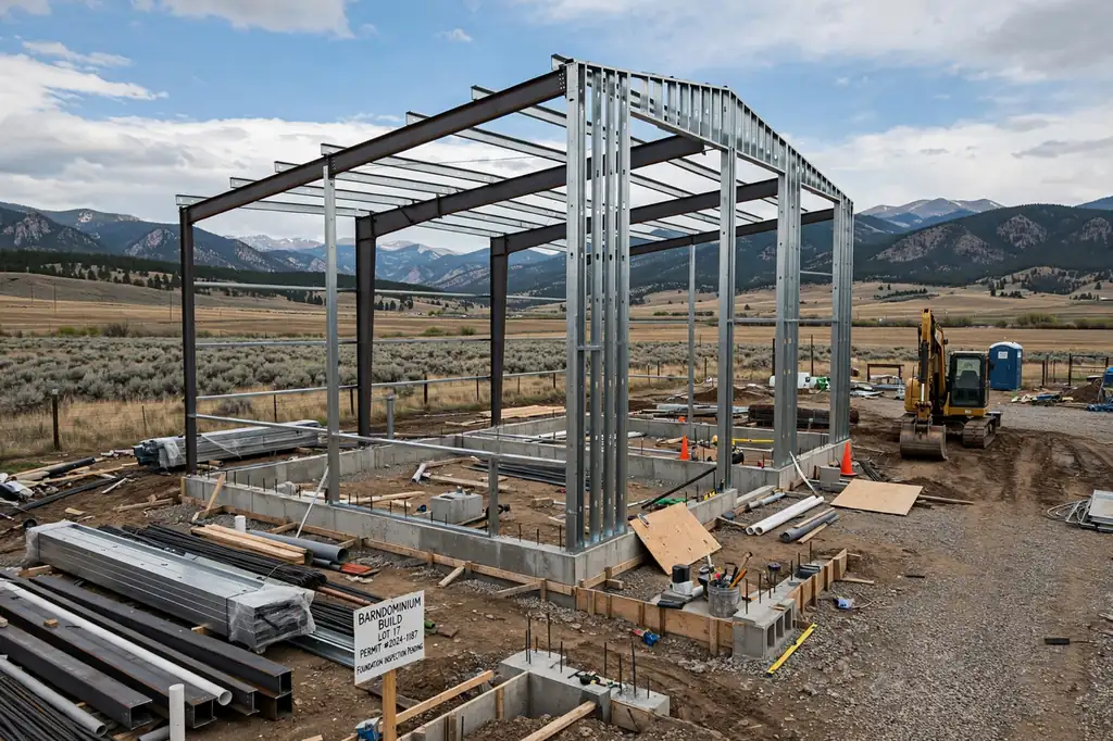 Steel frame barndominium under construction on a Colorado building lot with foundation work