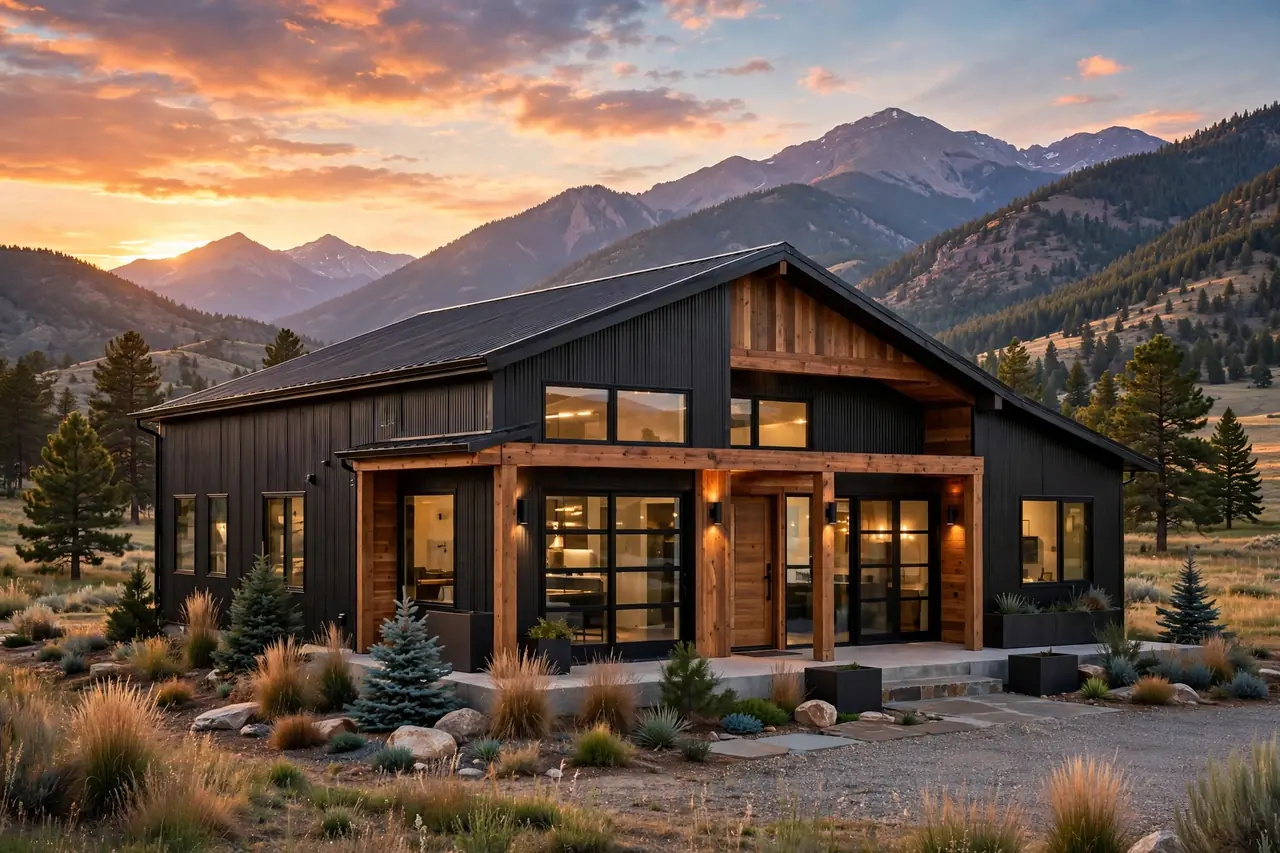 Modern black barndominium exterior at sunset in the Colorado Front Range
