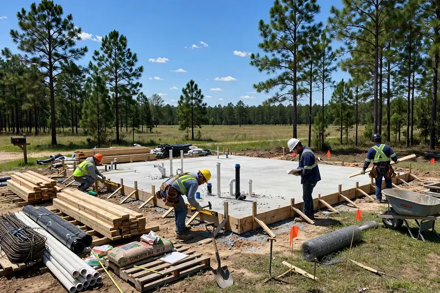 Construction crew pouring and finishing the foundation slab for a Mississippi barndominium