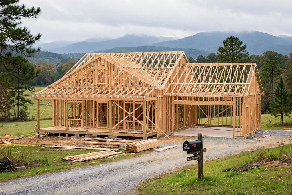 Wood-framed barndominium under construction with roof trusses exposed, Ashe County, North Carolina