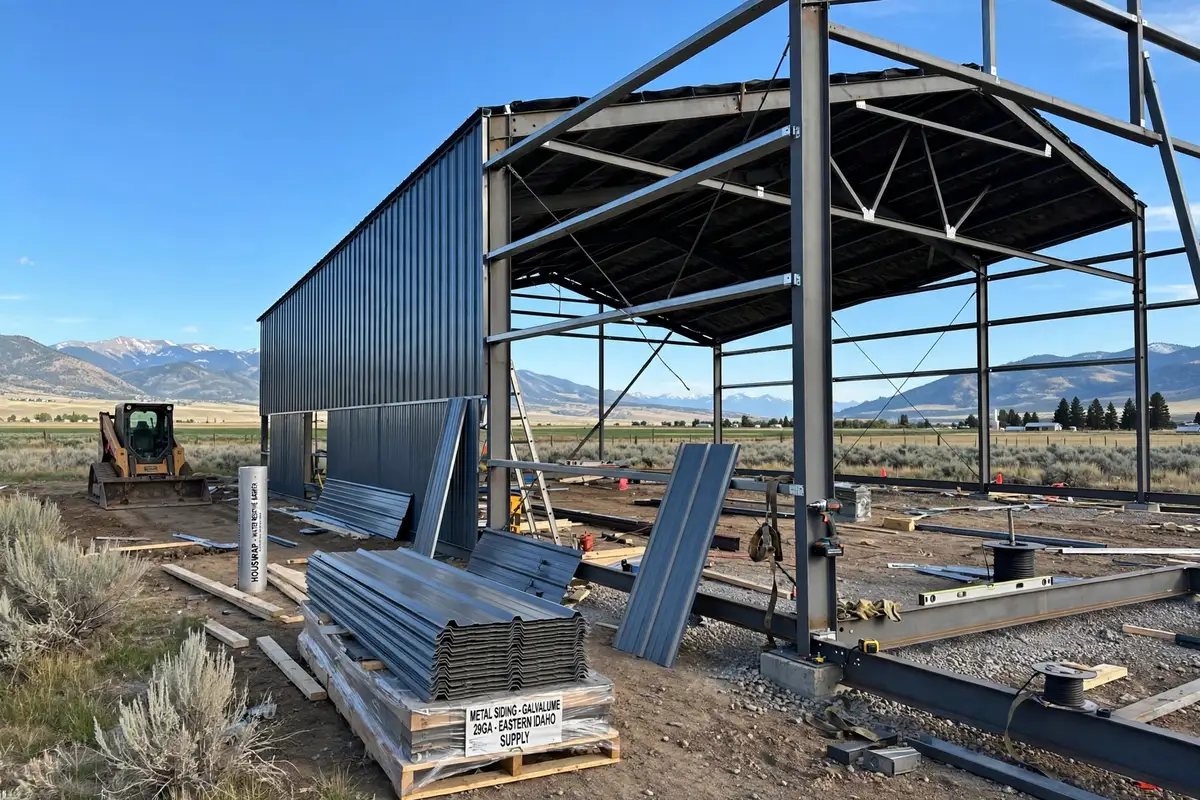 Steel-frame barndominium shell under construction in Eastern Idaho with mountain views in the background