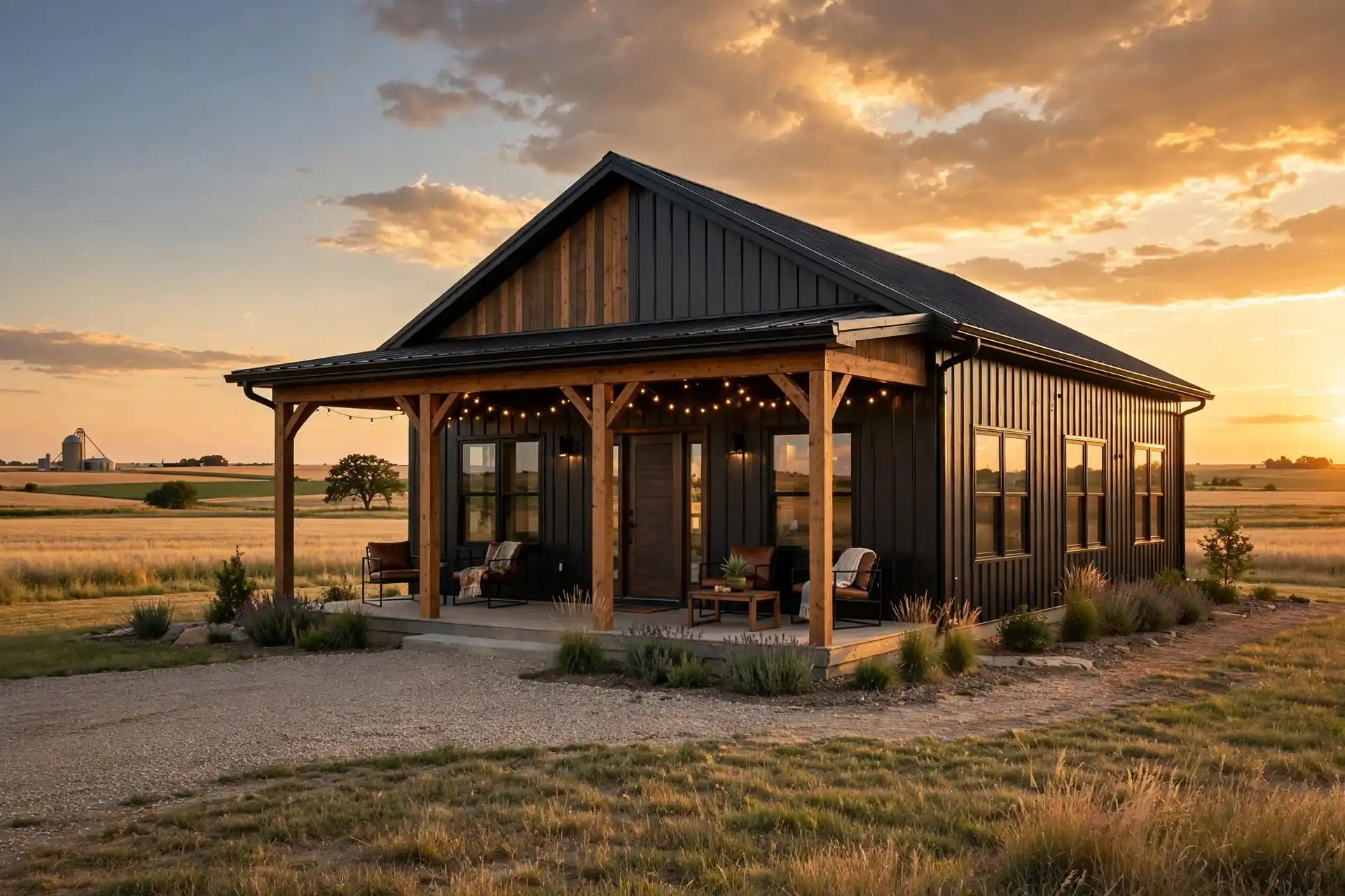 Finished black metal-roof barndominium in Kansas at sunset showing the final barndominium cost per sqft in Kansas result for a mid-range build