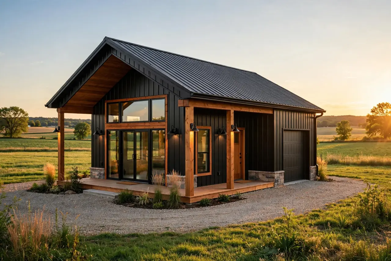 Barndominium cost per sqft in Wisconsin — finished black metal barndominium exterior with wood accents on a rural property
