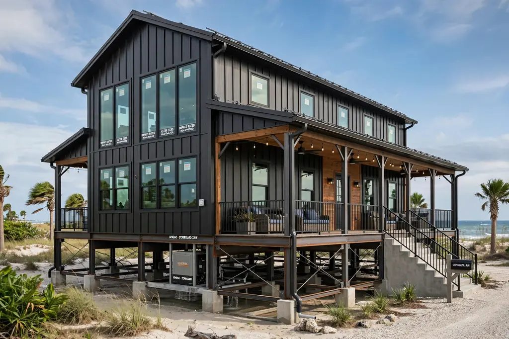 Barndominium cost per sqft in Florida — elevated coastal home with impact-rated windows
