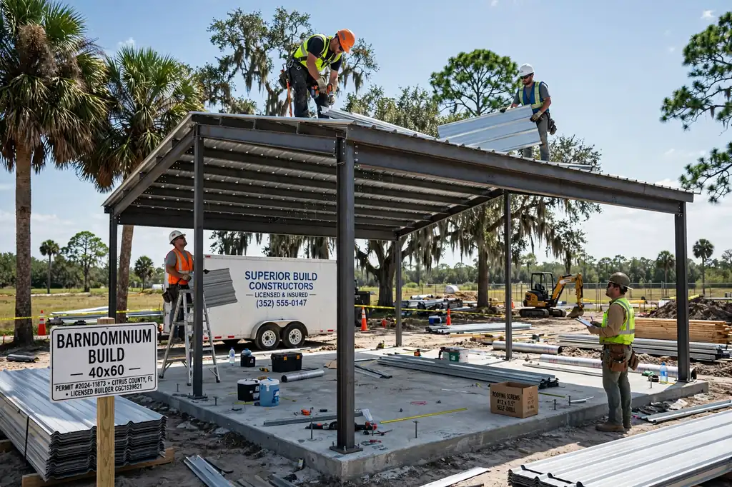 Barndominium steel frame construction site in Florida with metal roof installation