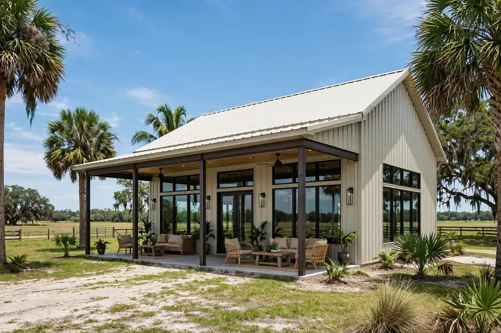 Barndominium cost per sqft in Florida — modern exterior with wraparound porch and palm trees