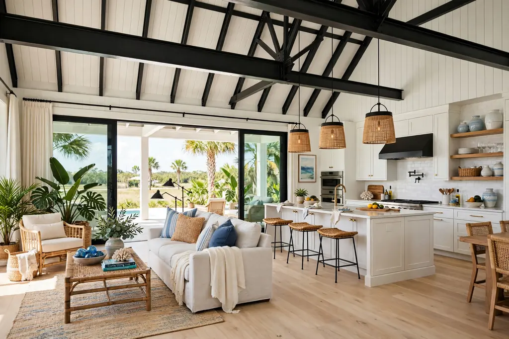 Barndominium cost per sqft in Florida — open-concept coastal interior with kitchen and living area