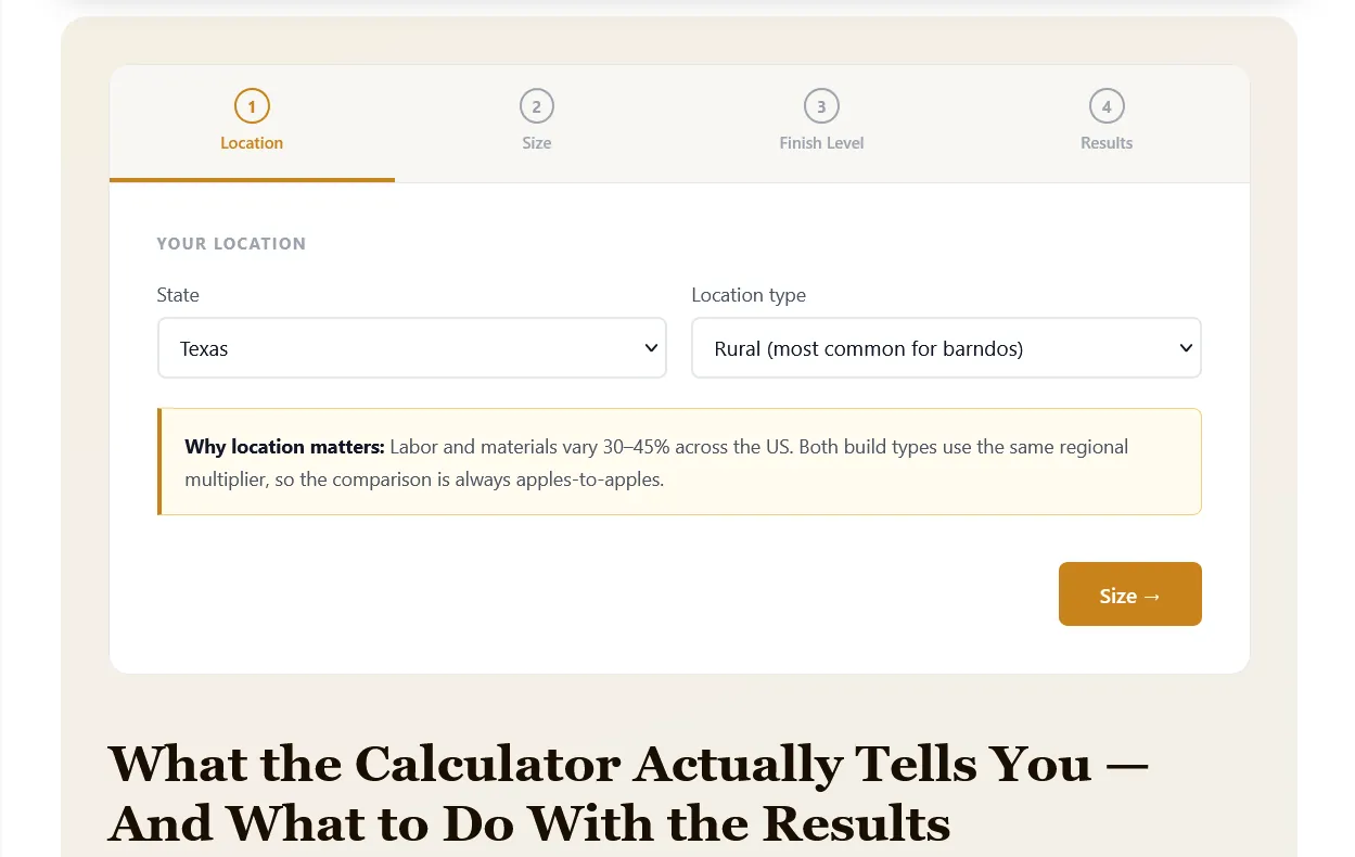 Home building calculators - barndominium vs house cost calculator showing location, size, and finish level comparison steps