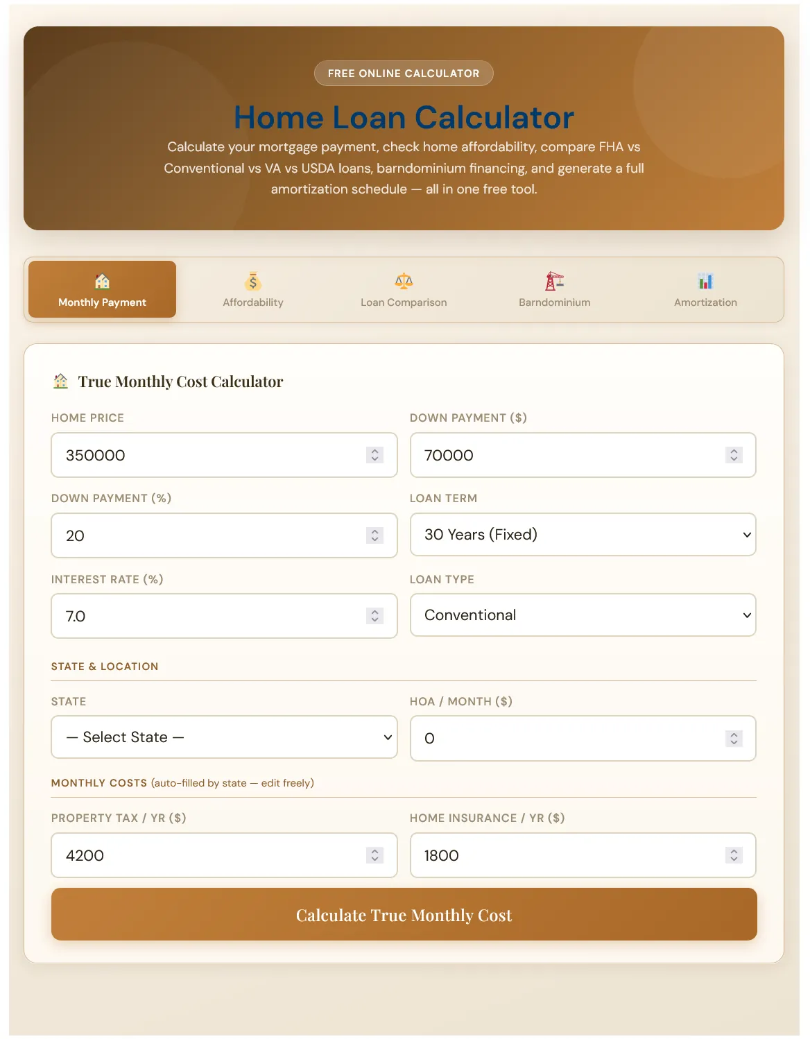 Home building calculators - free home loan calculator showing monthly payment, affordability, and loan comparison tool