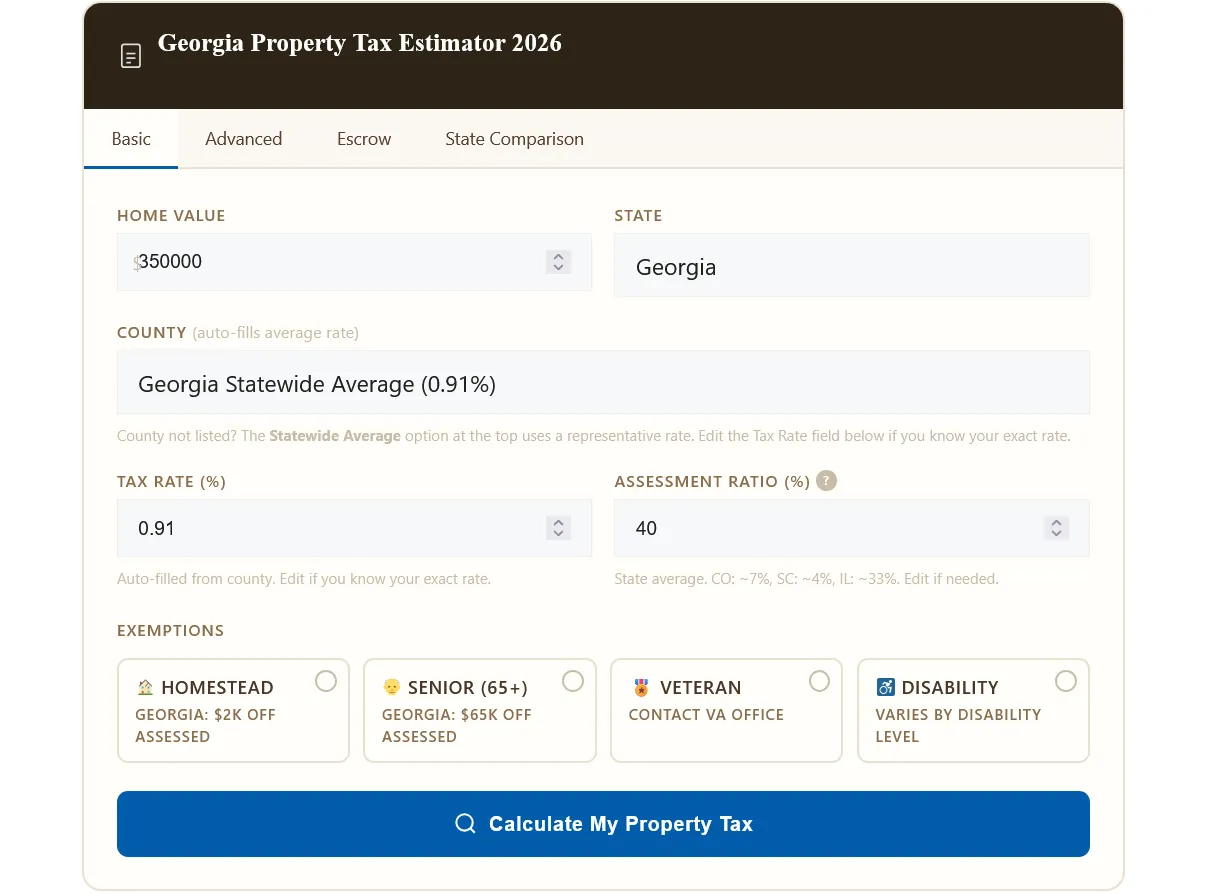 Home building calculators - free property tax calculator showing Georgia estimate by county with homestead and senior exemptions