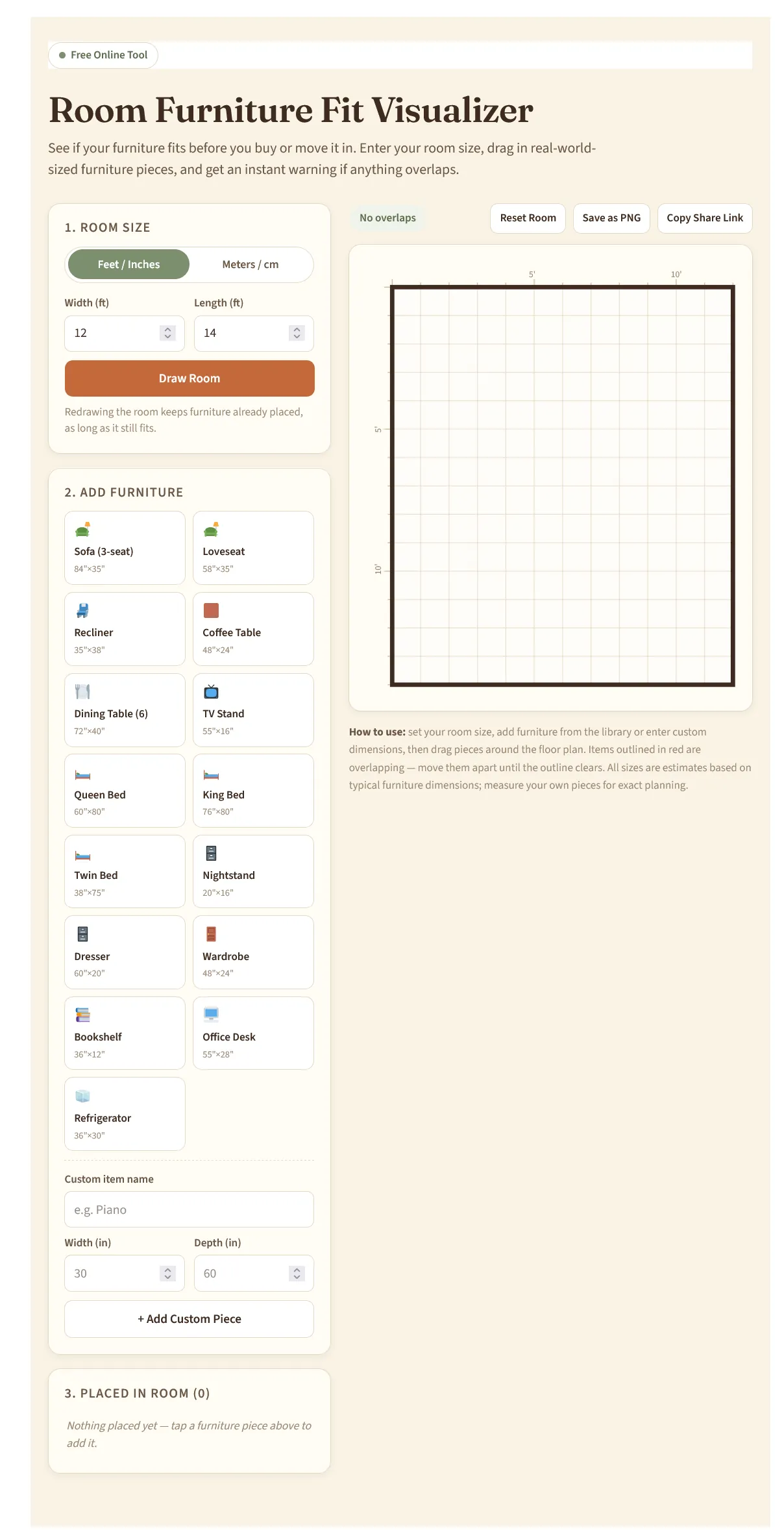 Home building calculators - free room furniture fit visualizer showing room layout with drag-and-drop furniture pieces