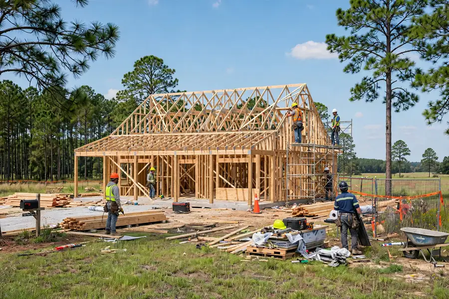 Wood-framed barndominium skeleton under construction in Mississippi showing structural framing