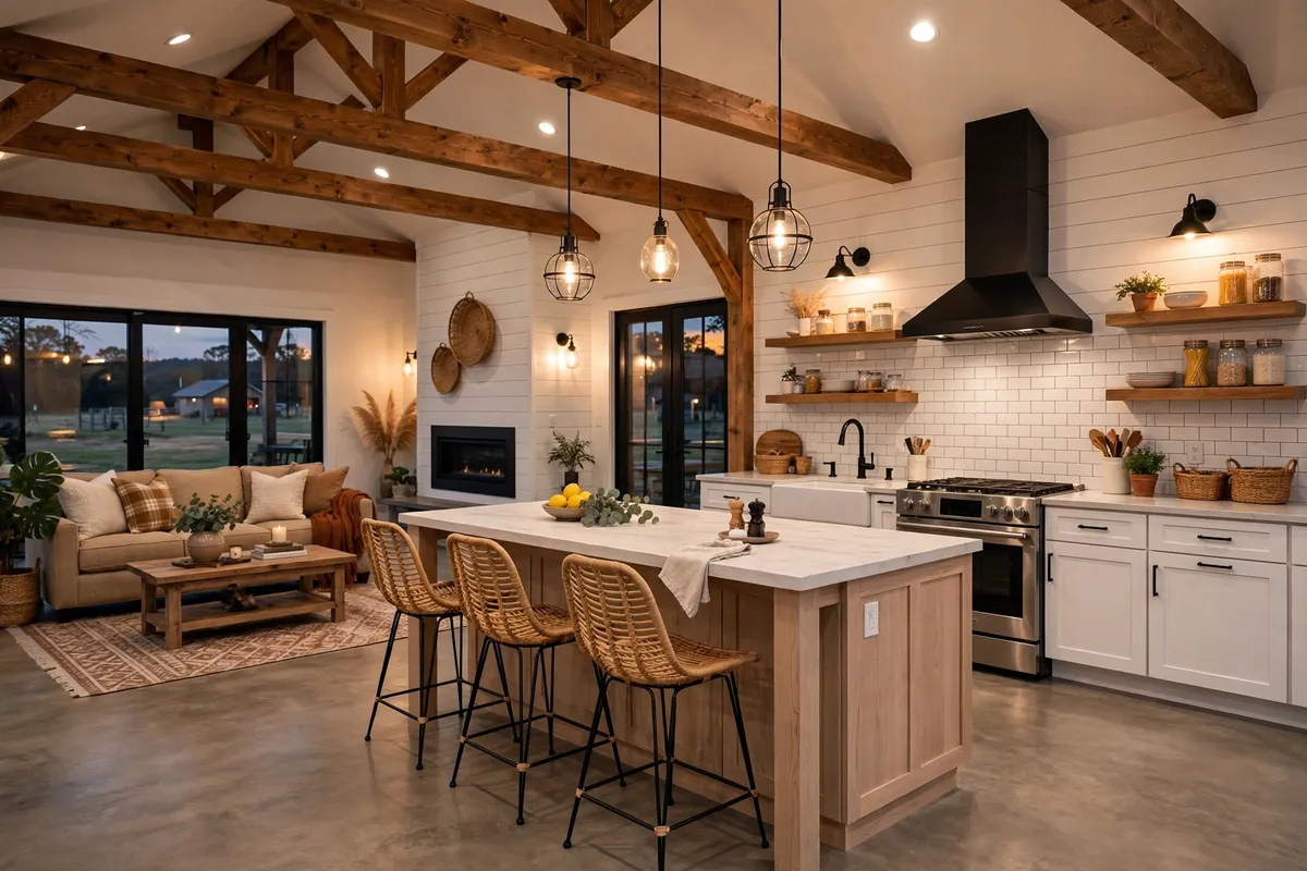 Open-concept kitchen and living area in a mid-range finished Idaho barndominium with wood beams and concrete floors