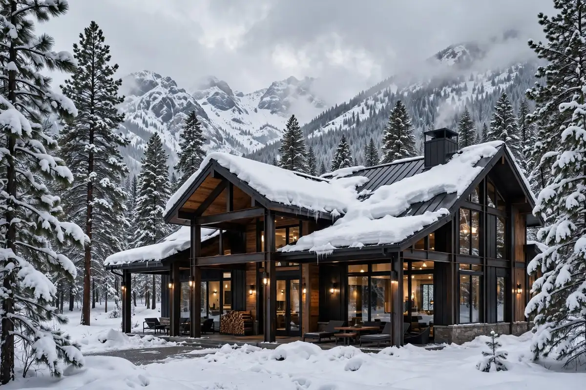 Barndominium cost per sqft in Idaho is highest for mountain builds like this snow-covered home in Idaho's high-elevation terrain