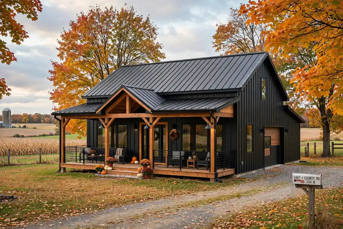 Barndominium cost per sqft in Indiana — finished black metal exterior with wraparound porch on rural property