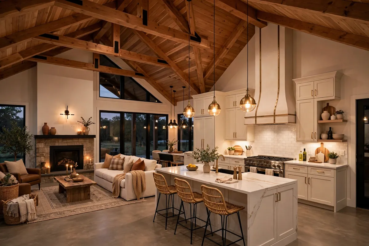 Open-concept barndominium interior with vaulted wood-beam ceiling and kitchen island