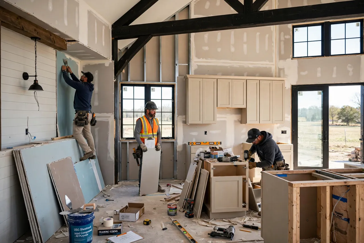 Construction crew finishing barndominium interior with drywall, exposed wood beams, and custom kitchen cabinetry