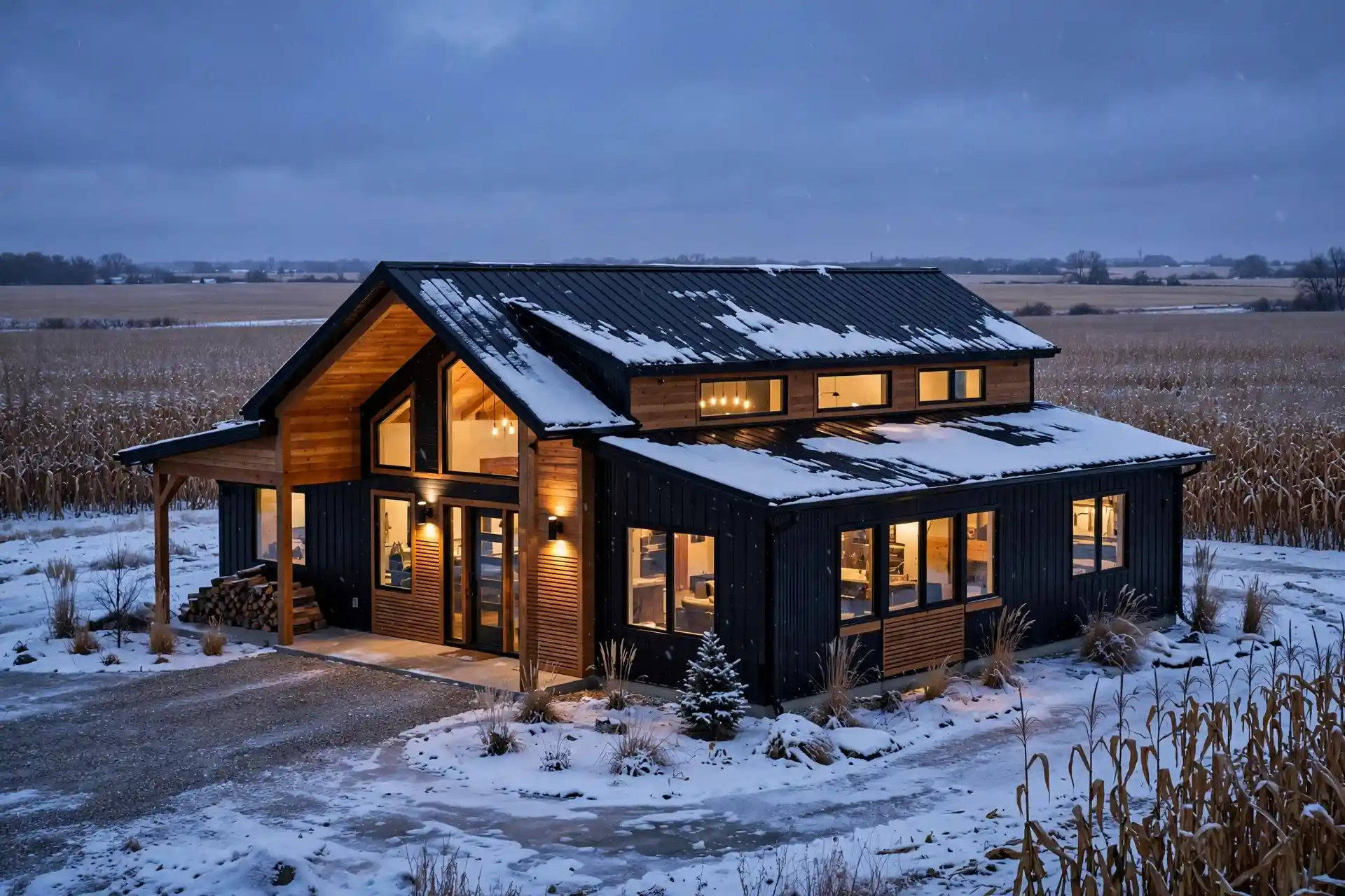 Finished barndominium exterior in Iowa at dusk with snow-covered metal roof and cornfield