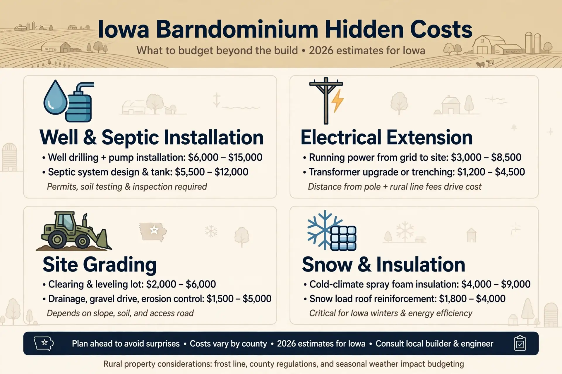 Iowa barndominium hidden costs for well, septic, and electrical service