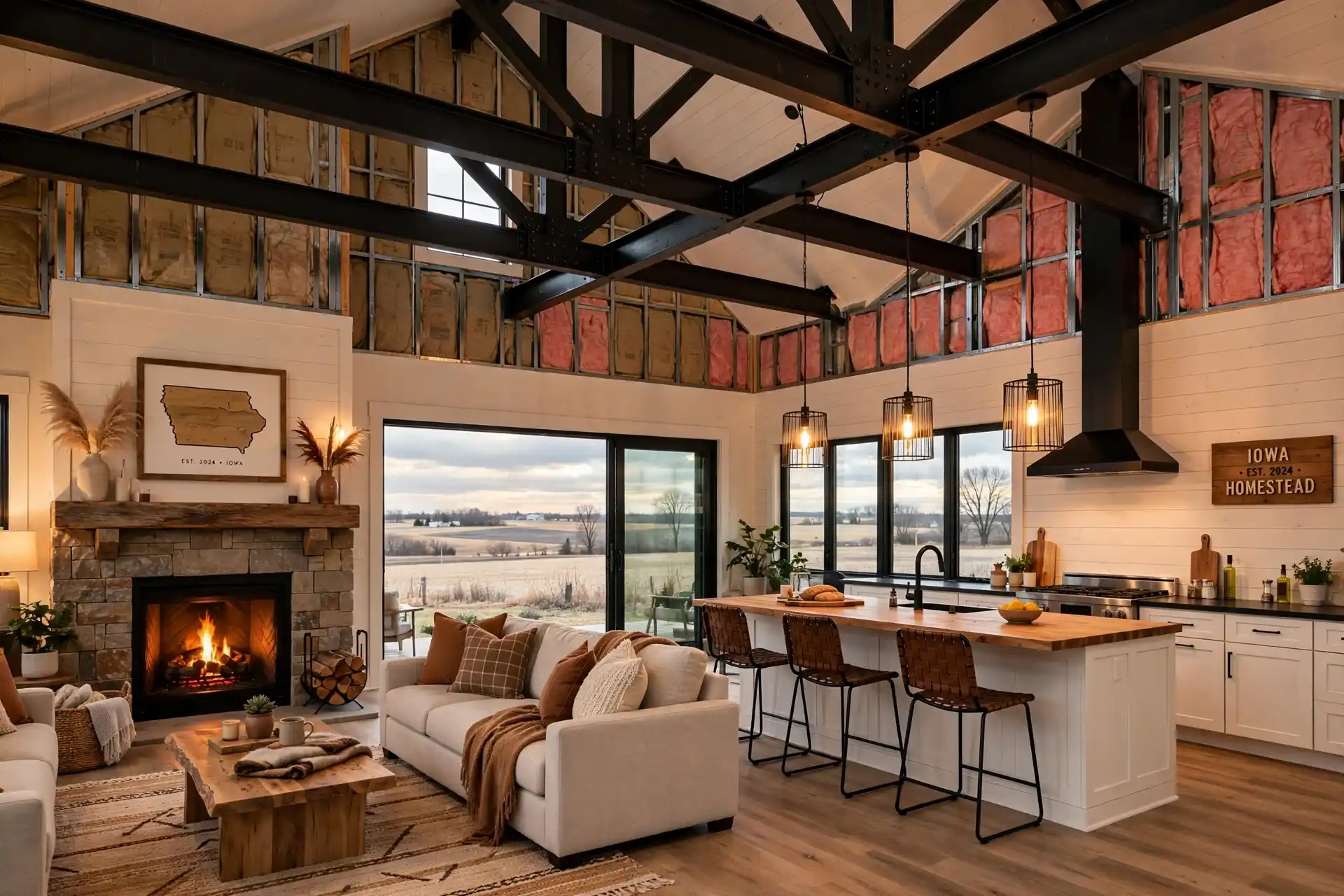 Iowa barndominium interior insulation and open-concept kitchen living room finish-out