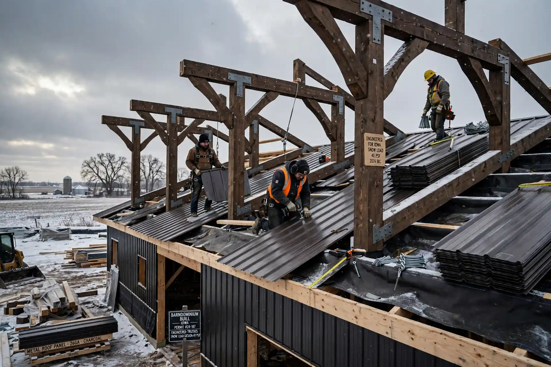 barndominium cost per sqft in Iowa - roof engineered for snow load during winter construction