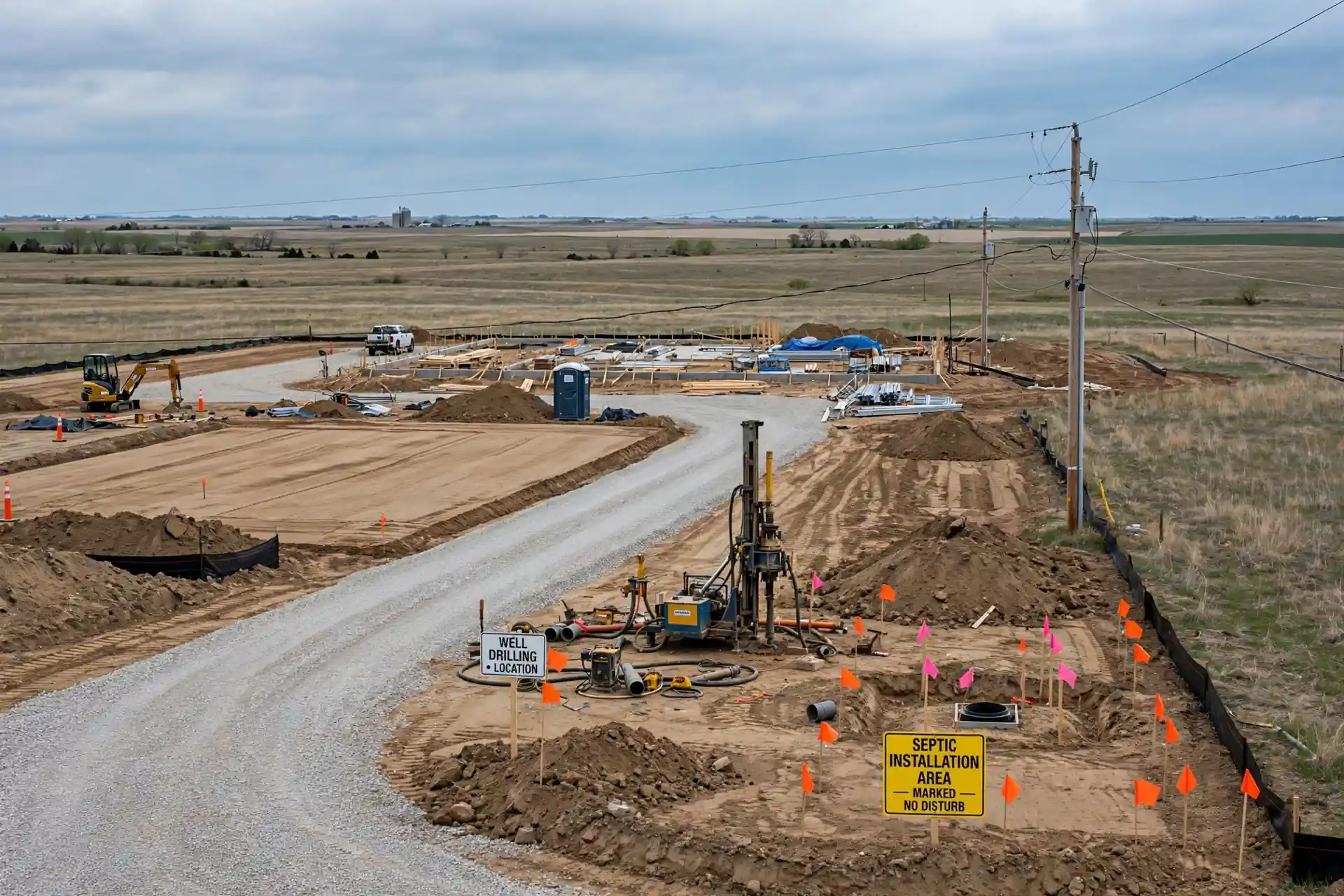 Rural Kansas construction site showing well drilling and septic installation markers before barndominium foundation work