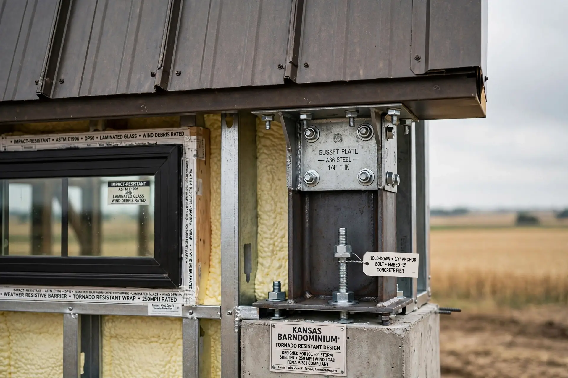 Tornado-resistant structural connection detail on a Kansas barndominium rated for 250 mph wind load and ICC 500 storm shelter standards