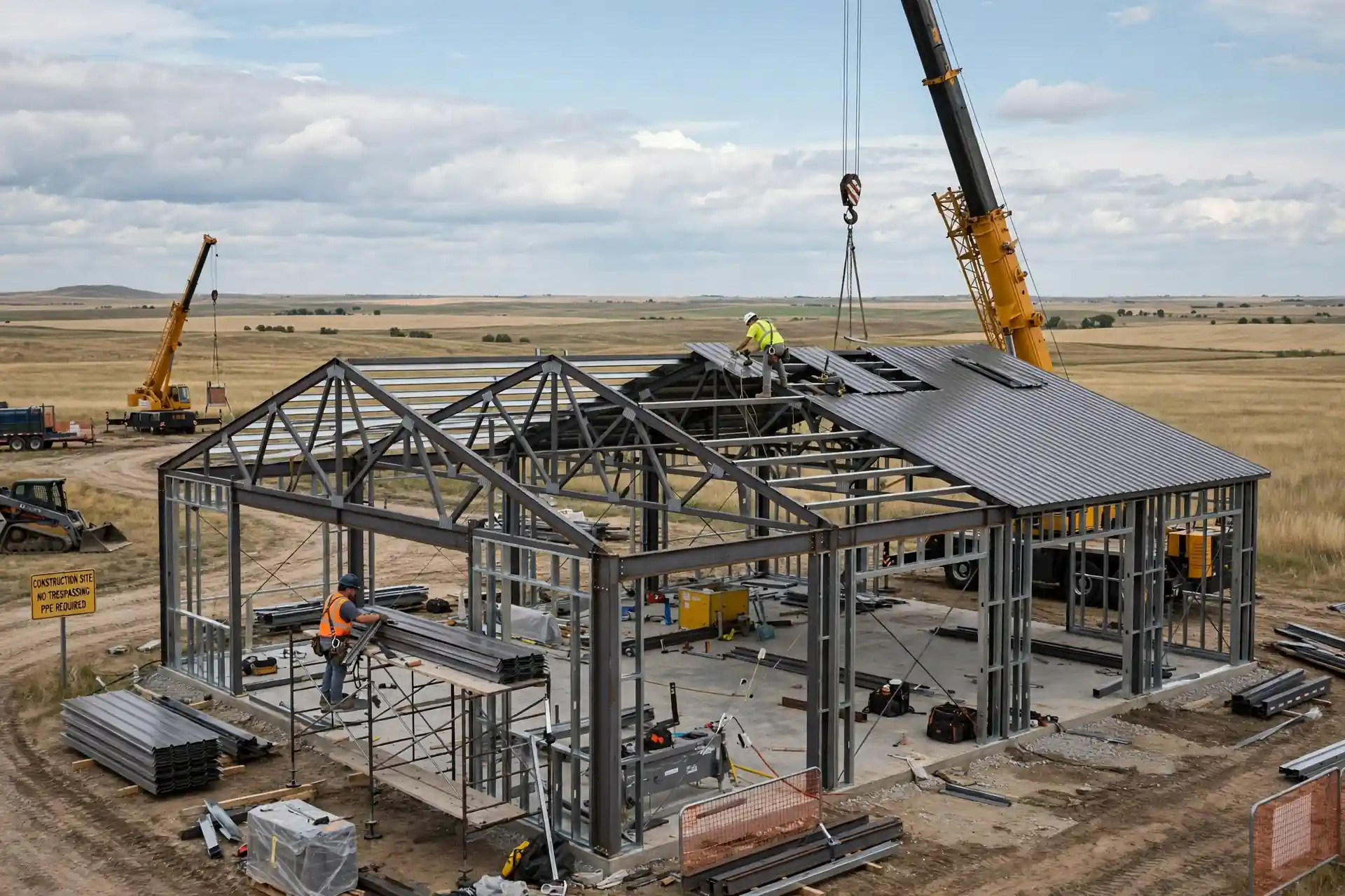 Crew installing steel roof trusses and metal panels on a barndominium under construction in Kansas