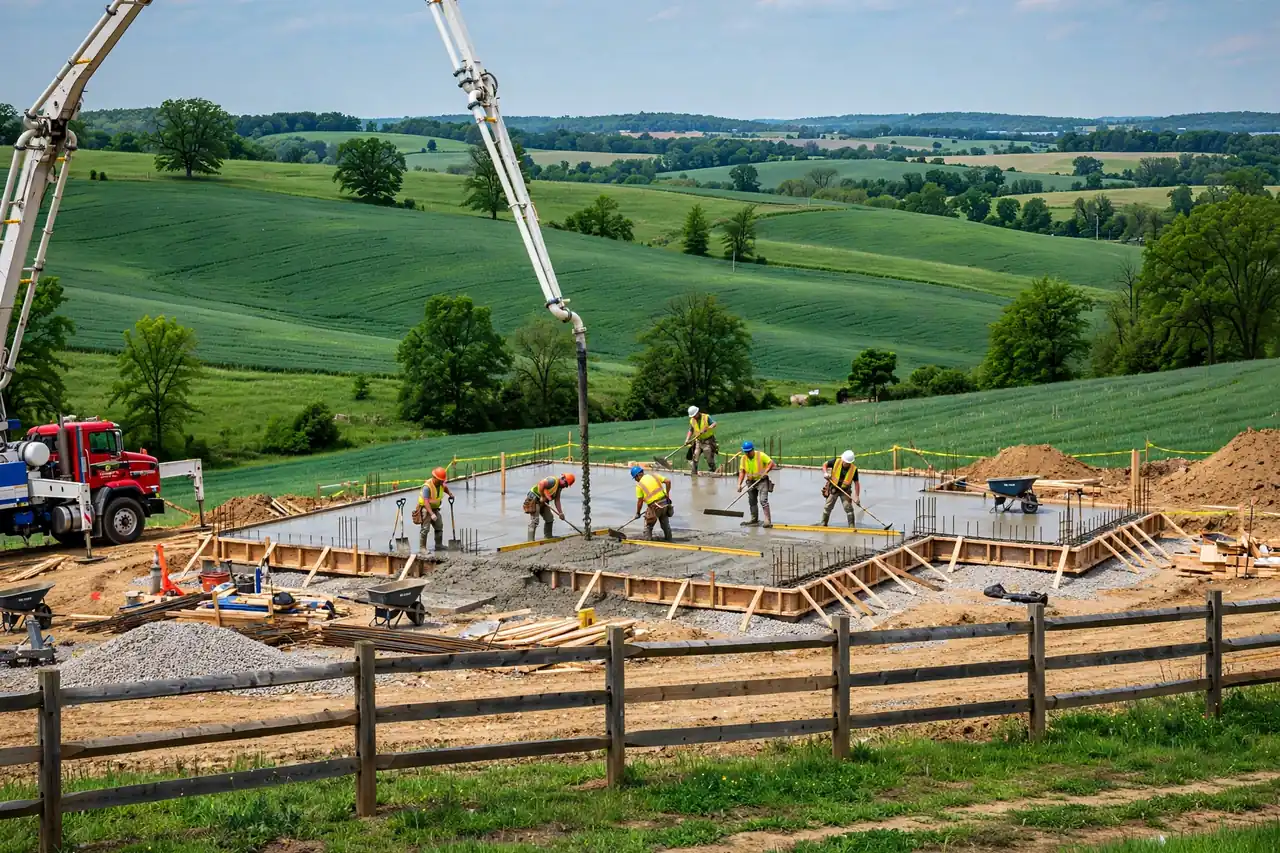 Concrete foundation pour for a barndominium build in Kentucky