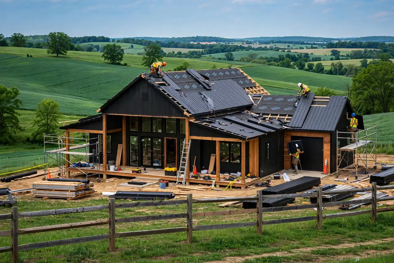 Metal roof installation on a barndominium in Kentucky