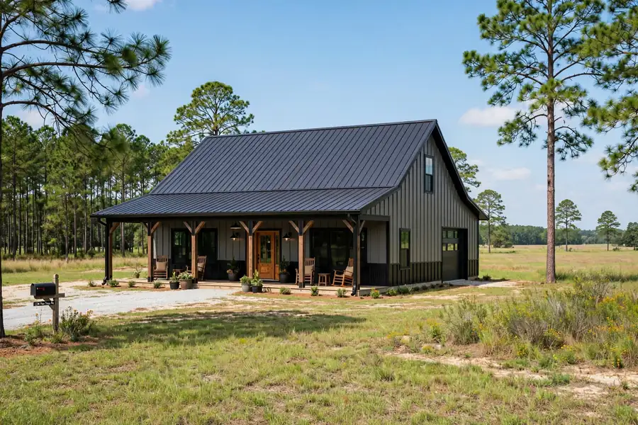 Mississippi barndominium exterior with wraparound porch, an example of mid-range cost per sqft finish
