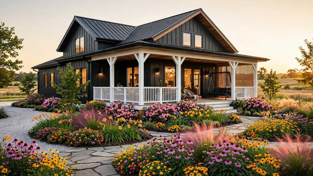 Modern black barndominium with wraparound porch and native Mississippi wildflower garden at sunset