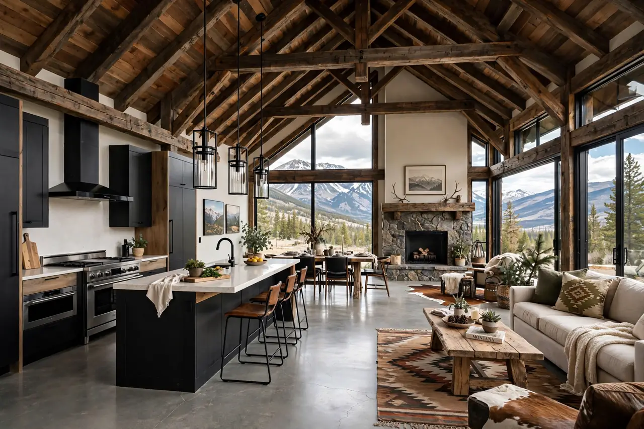 Open-concept barndominium interior in Montana with vaulted wood ceiling and mountain views