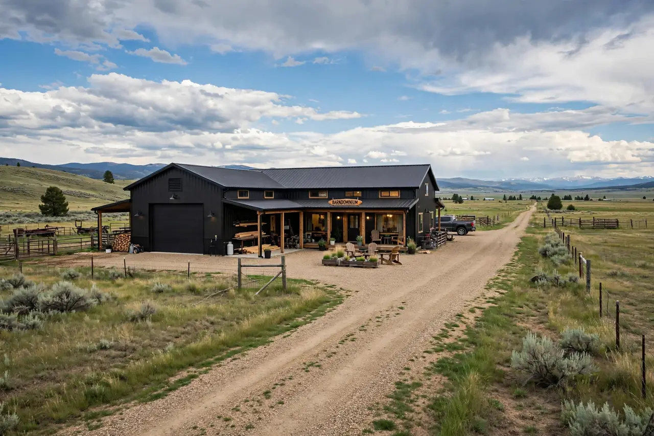 Barndominium cost per sqft in Montana — black metal barndominium on rural acreage with mountain views