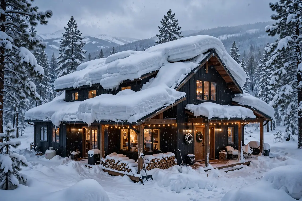 Barndominium cost per sqft in Montana — snow-covered barndominium with heavy roof snow load