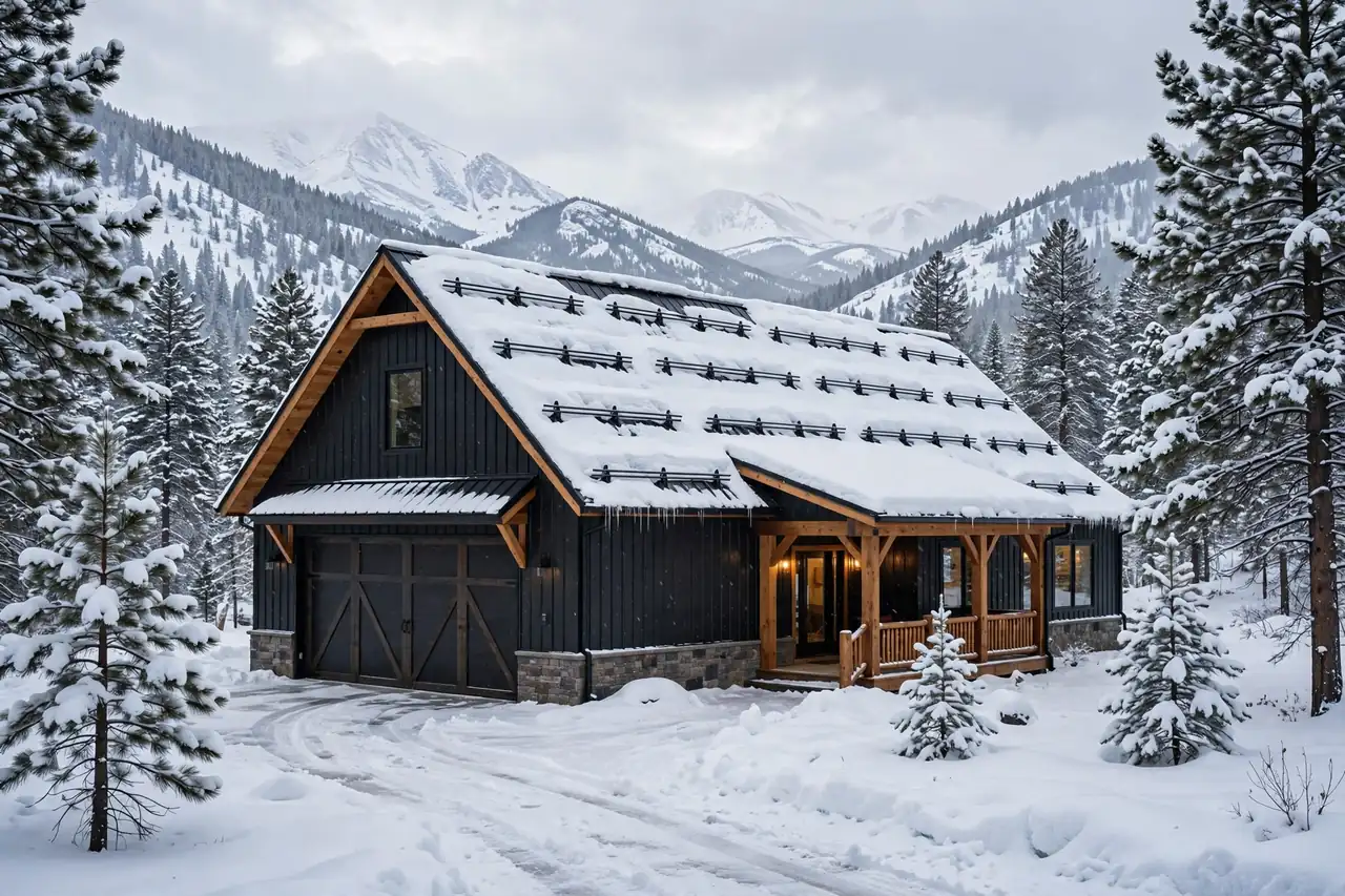 Barndominium cost per sqft in Colorado shown on a snow-covered mountain build with heavy roof snow load