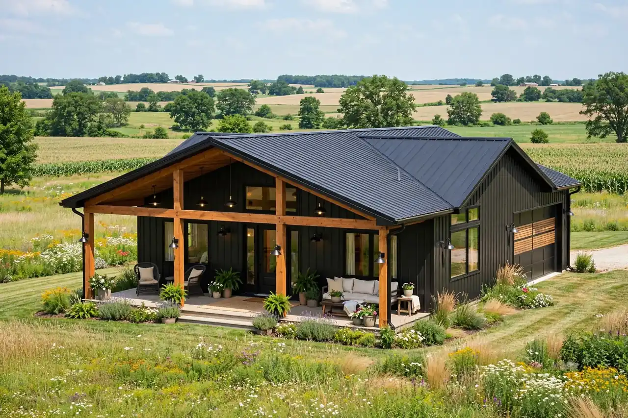 Single-story dark green barndominium with covered timber-post porch overlooking Ohio farmland, surrounded by wildflower landscaping — example of a mid-range Barndominium Cost Per Sqft in Ohio build