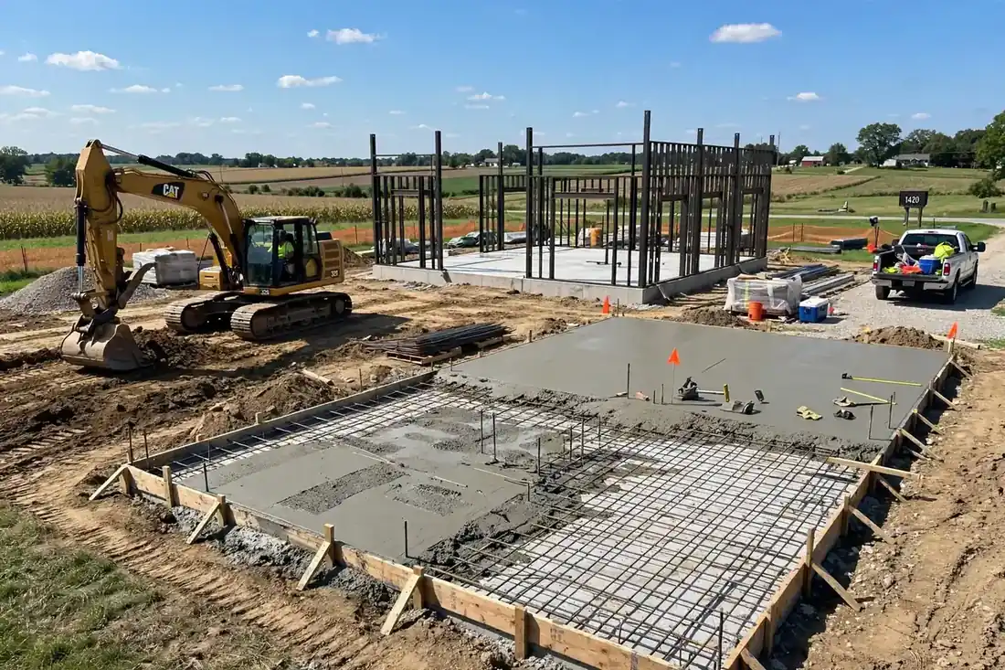 Concrete foundation slab and steel structural frame under construction at an Ohio barndominium site, with excavator and rebar visible — key cost driver in Barndominium Cost Per Sqft in Ohio