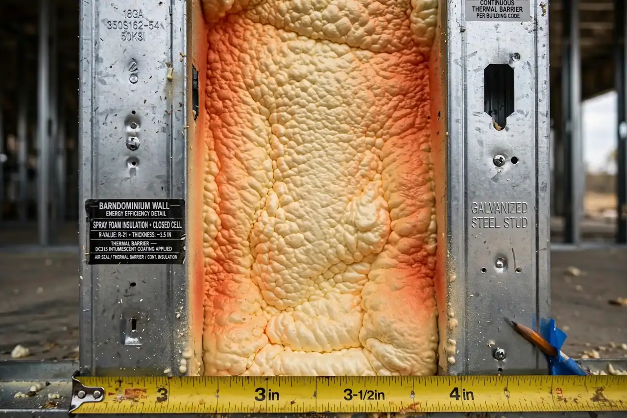 Closed-cell spray foam insulation with R-21 thermal barrier inside a galvanized steel stud wall cavity — energy efficiency detail affecting Barndominium Cost Per Sqft in Ohio