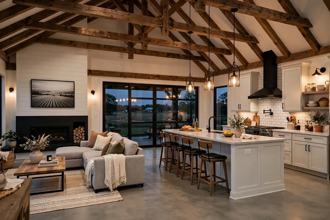 Open-concept living room and kitchen with vaulted wood-beam ceiling inside a finished Ohio barndominium — interior finish example for Barndominium Cost Per Sqft in Ohio