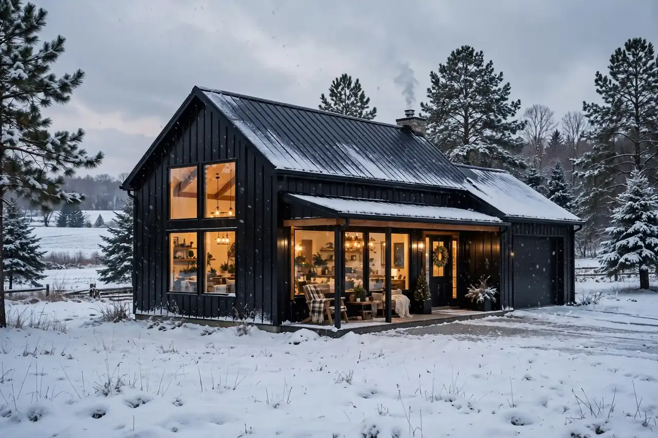Black metal barndominium with glowing interior lights and chimney smoke in a snowy Ohio winter landscape — example of a Barndominium Cost Per Sqft in Ohio build