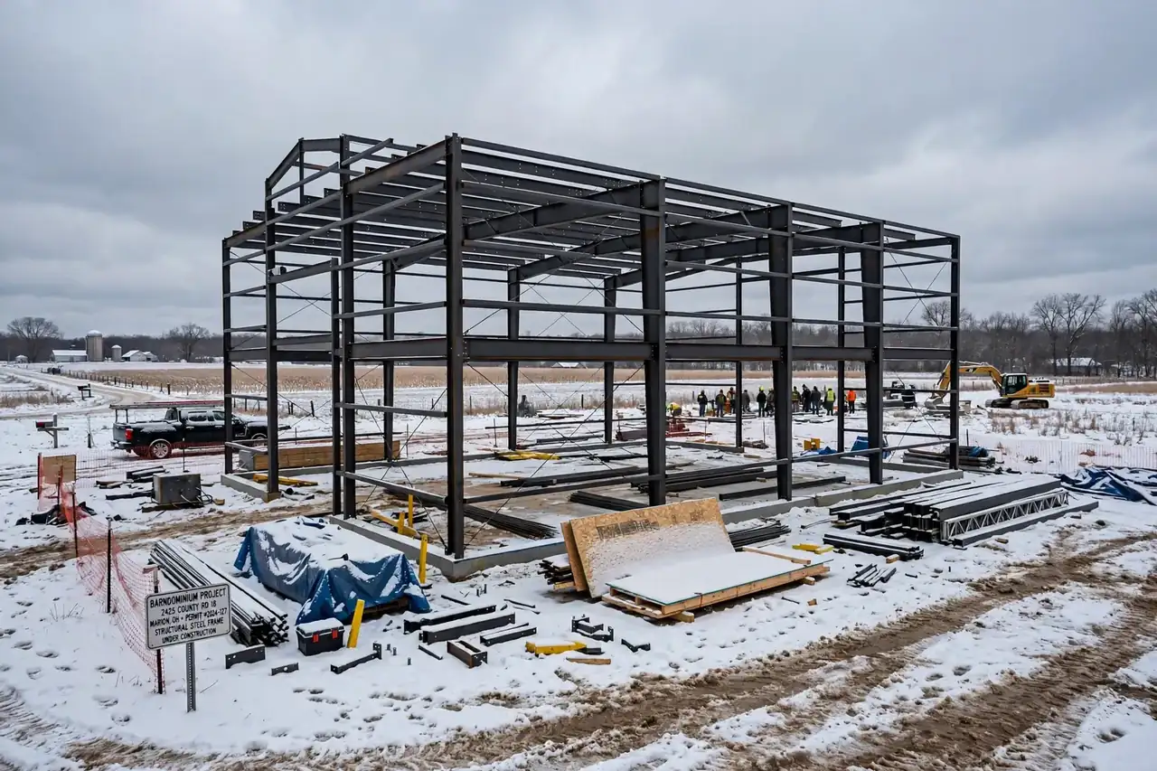 Steel structural frame of an Ohio barndominium under construction in winter, with a permitted job-site sign showing Marion County location — structural framing stage of Barndominium Cost Per Sqft in Ohio