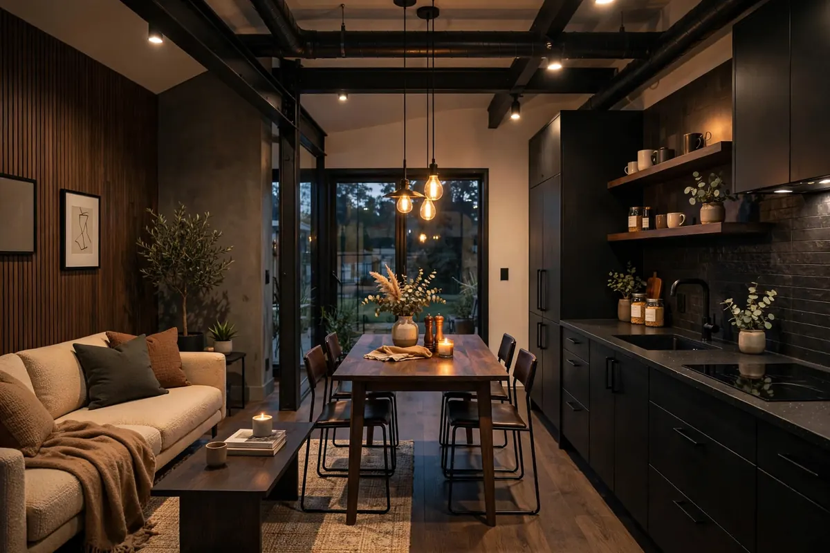 Open concept floor plans 2026 - industrial-style living and dining area zoned with exposed ceiling beams and pendant lighting